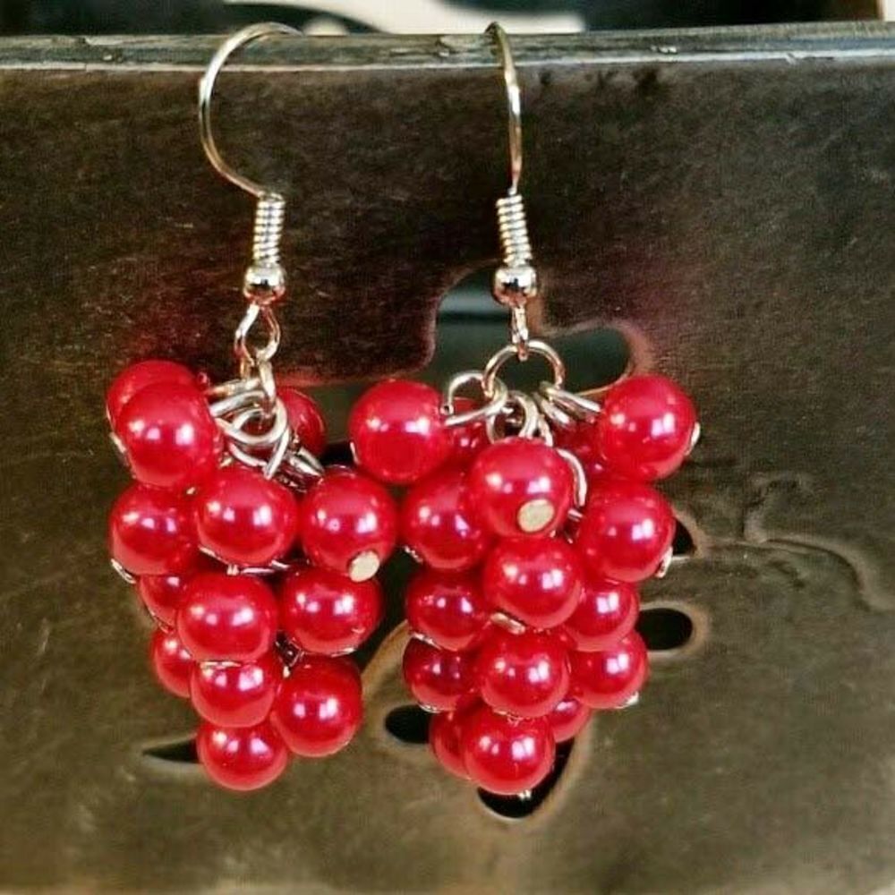 Hand Crafted Red Glass Pearl Beads Grape Cluster Cascade Earrings